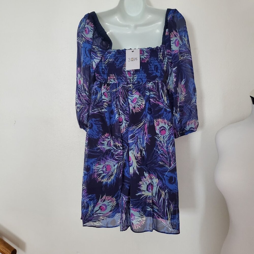 Three Eight Two Dress Size S Blue Peacock Babydoll Art to Wear Sheer Lined USA - Picture 2 of 9